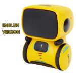 yellow smart robot toys with a black screen