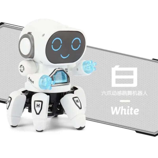 a white dancing robot toy with blue eyes